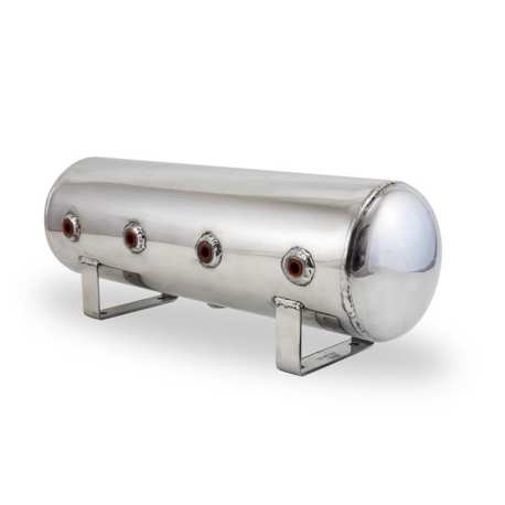 2.5 Gal Alum Air Tank - (4) 1/4" face ports, & 1/4" drain port - 20" L x 6" D - Polished